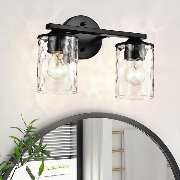 13 in. 2-Light Matte Black Modern Wall Bathroom Vanity Light Fixture with Hammered Cylindrical Clear Glass Shades
