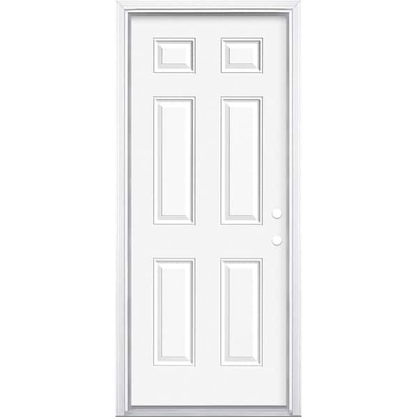 Masonite 32 in. x 80 in. Premium 6 Panel Left Hand Inswing Primed Impact Steel Prehung Front Exterior Door with Brickmold