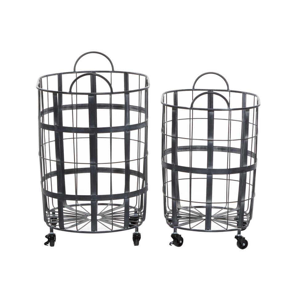 Industrial Black Metal Oval Storage Basket Set with Wheels