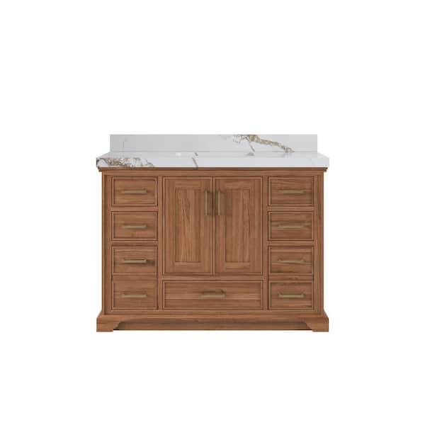 Willow Collections Charlotte Teak 48 in. W x 22 in. D x 36 in. H Single Sink Bath Vanity in Dark Natural with 2 in. Calacatta Gold Qt. Top