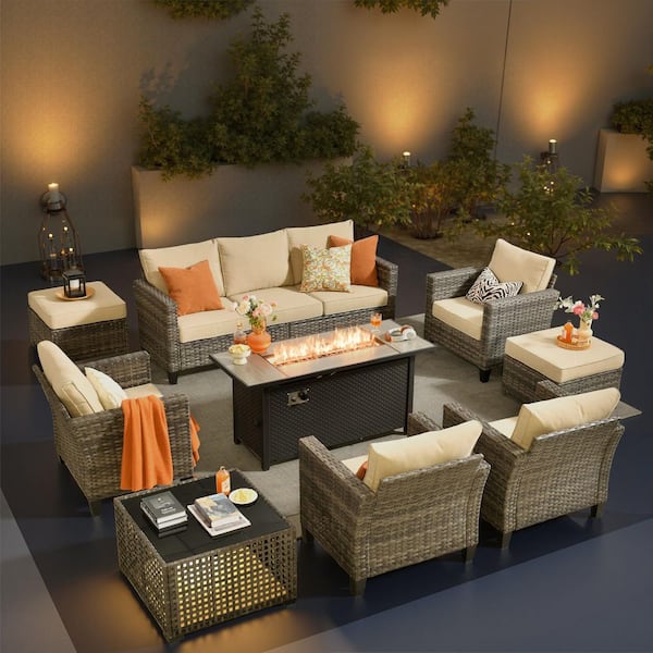 Ironclad 9 Pieces Wicker Outdoor Patio Rectangular Fire Pit Set with Beige Cushions