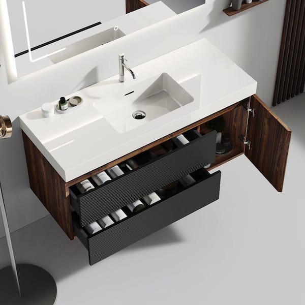 48 in. Walnut Wall Mounted Bath Vanity with Glossy White Solid Surface Top, Soft Black Drawers