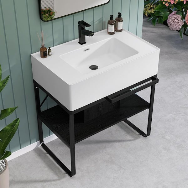 Nuyt 31.5 in. Solid Surface White Rectangular Single Sink Bathroom Console Sink with Black Legs and Overflow
