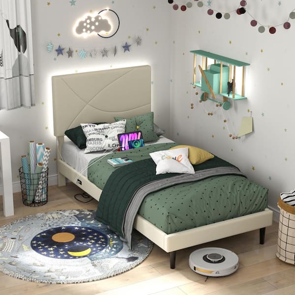 Homy Casa FOT Twin Upholstered Platform Bed Frame with LED Lighting, USB Charging Ports, and Low-Profile Beige Design for Teens