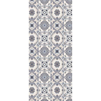 Artmaison Canada 18 in. x 42 in. Non Slip Designer Kitchen Art Mat Long Vinyl Rug Decorative Floor Mat Runner Rug, White/ Blue/ Taupe