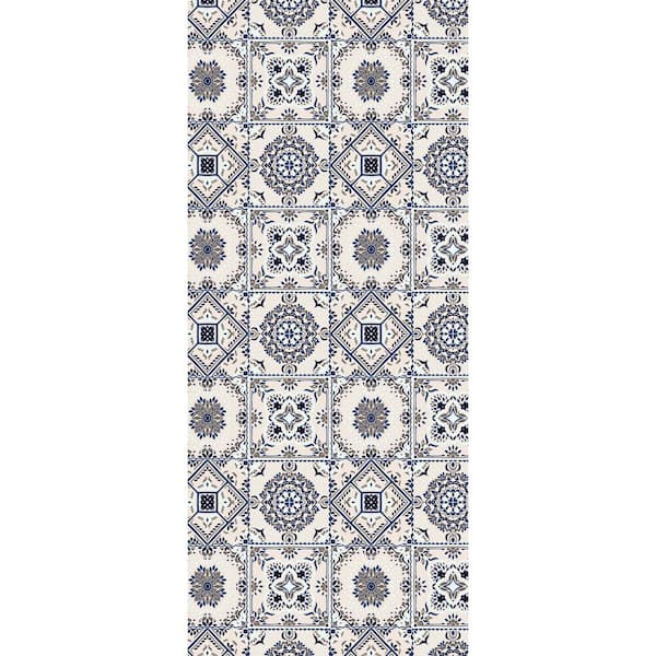 Artmaison Canada 18 in. x 42 in. Non Slip Designer Kitchen Art Mat Long Vinyl Rug Decorative Floor Mat Runner Rug, White/ Blue/ Taupe
