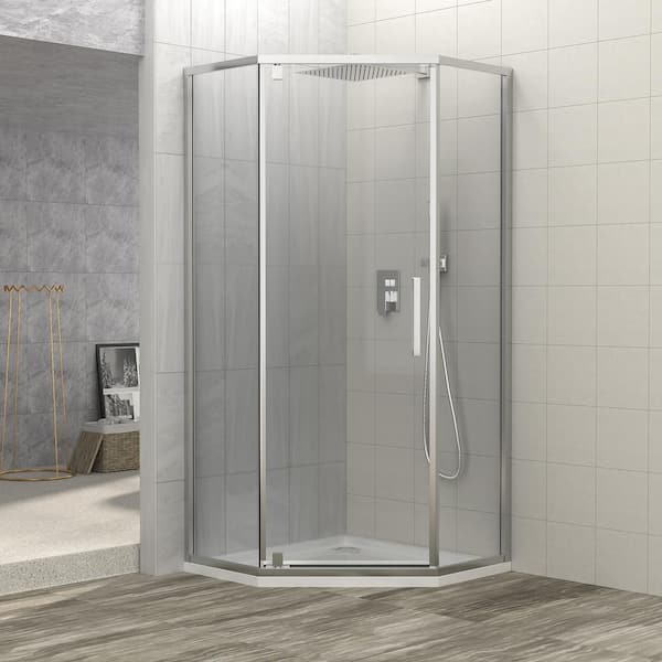 JimsMaison 34 in. W x 72 in. H Neo Angle Pivot Semi Frameless Corner Shower Enclosure in Chrome