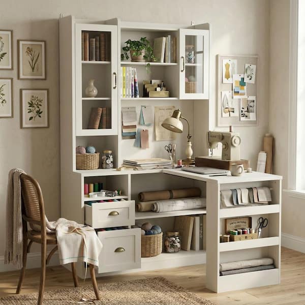 FUFU&GAGA 57.1 in. W L-Shaped White MDF 2-Drawers Computer Desk