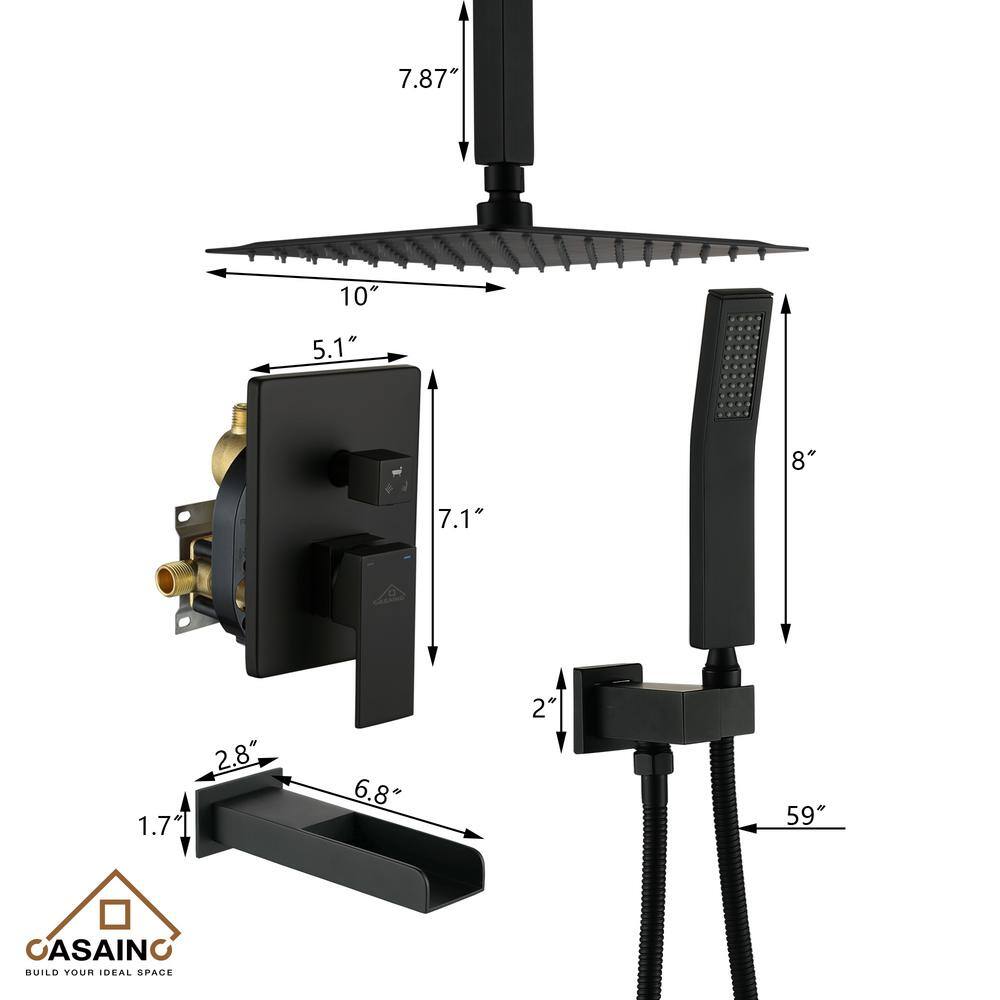 Matte Black 10-Inch Ceiling-Mounted Shower System with Handheld and Tub Filler