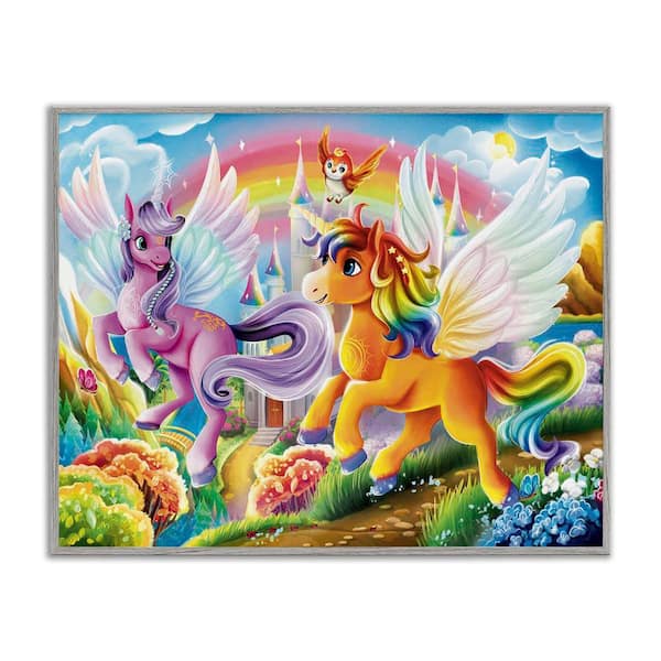 Stupell Industries Fluttering Unicorns and Rainbow by Image World Gray Framed Fantasy Giclee Art Print 24 in. x 30 in.
