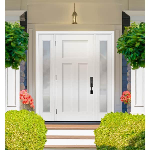 Legacy 60 in. x 80 in. 3 Panel Craftsman RHIS Unfinished White Fiberglass Prehung Front Door Clear 10 in. SL 4-9/16 Jamb