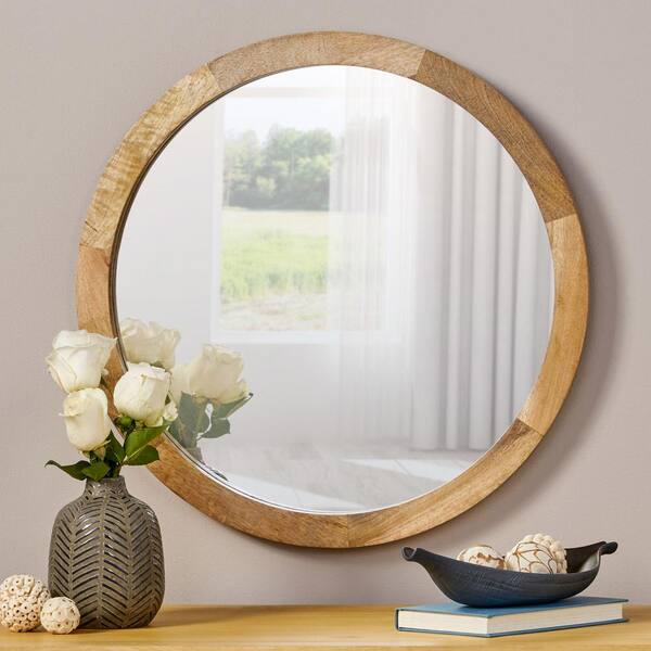 Natural Finish Reclaimed Wood Round Wall Mirror - Small