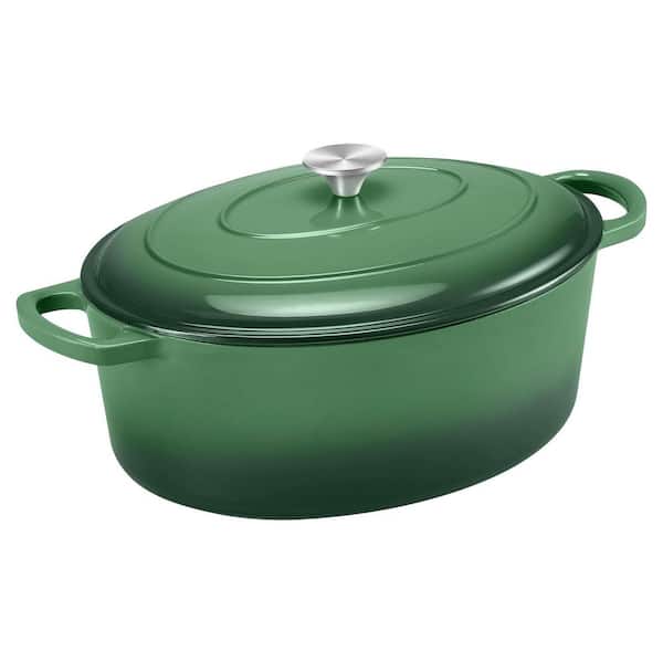 7 qt. Oval Enameled Cast Iron Dutch Oven in Basil Green with Self-Basting Lid, Healthy Nonstick for All Stovetops