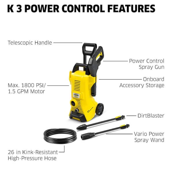 Kärcher - K3 Follow Me TruPressure Electric Power Pressure Washer - 1800  PSI - 4-Wheeled - With Vario Power & Dirtblaster Spray Wands - 1.3  GPM,Yellow