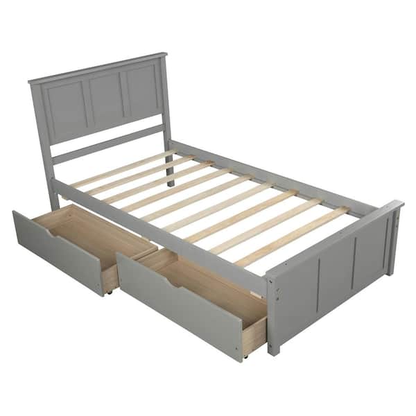Gray Wood Frame Twin Size Platform Bed, 2-Drawers with Wheels