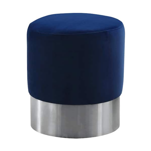 Armen Living Armen Living Blue Velvet Contemporary Round Ottoman in Brushed Stainless Steel