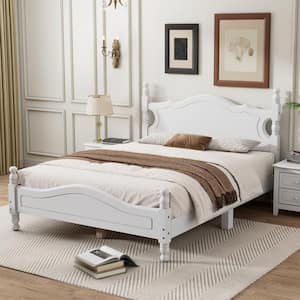 Retro Style White Wood Frame Full Size Platform Bed with Royal Style Headboard and Extra Support Legs