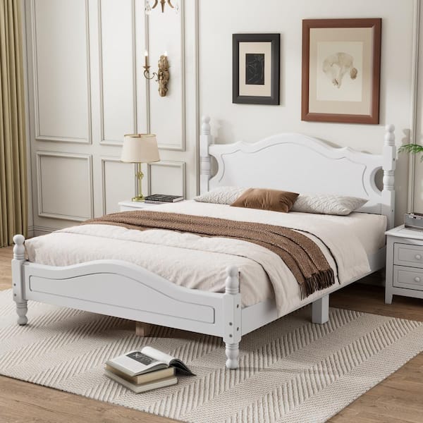 Harper & Bright Designs Retro Style White Wood Frame Full Size Platform Bed with Royal Style Headboard and Extra Support Legs
