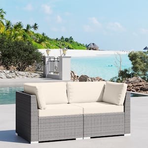 2-Piece Wicker Outdoor Patio Furniture Sectional Conversation Set with Beige Cushion