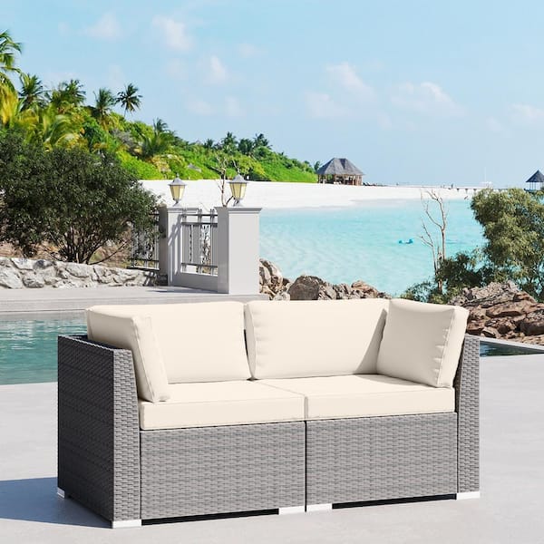 JOYSIDE 2-Piece Wicker Outdoor Patio Furniture Sectional Conversation Set with Beige Cushion