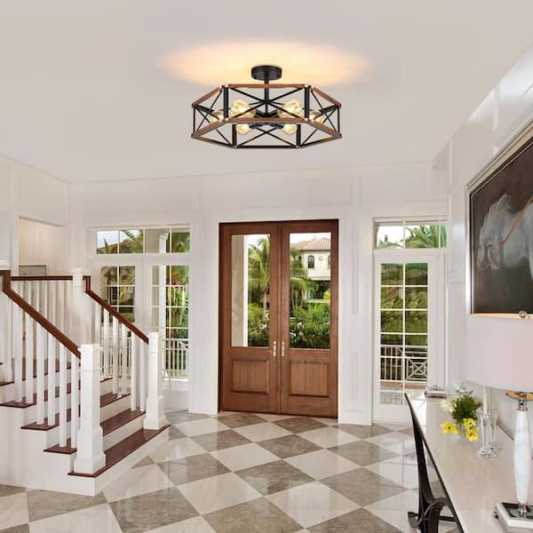 ZSMIHDOH 22.3 in. 6-Light Rustic Farmhouse Metal & Wood Hexagon