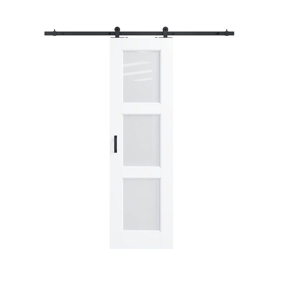 18 in. x 80 in. 3 Lite Frosted Glass White Primed MDF Top Mount Sliding Barn Door with Hardware Kit (T Shape Hanger) price history on PriceWatchPro