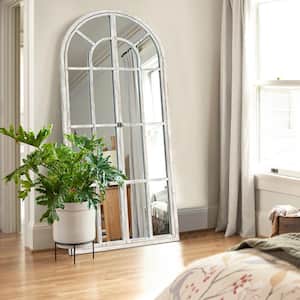 Farmhouse 31.5 in. W x 70.9 in. H Arched Wood Framed Full Length Mirror With Opening Door in Weathered White