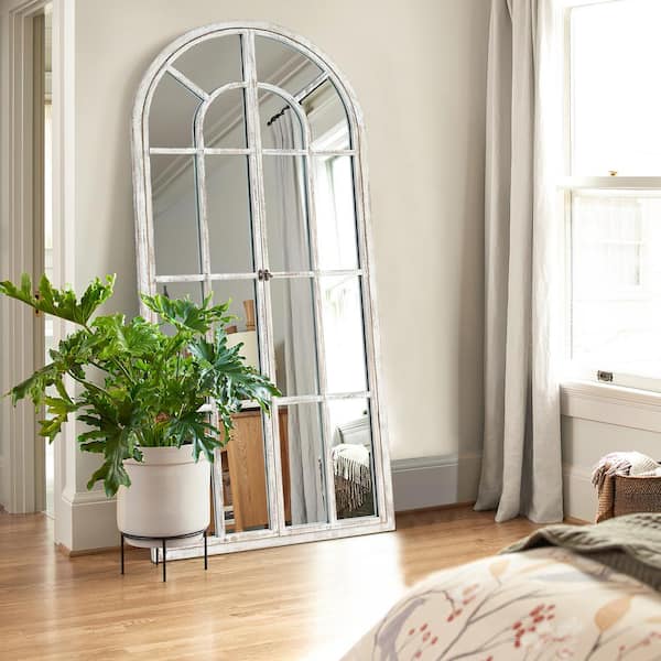 Farmhouse 31.5 in. W x 70.9 in. H Arched Wood Framed Full Length Mirror With Opening Door in Weathered White