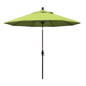 9 ft. Bronze Aluminum Market Collar Tilt Crank Lift Patio Umbrella in Parrot Sunbrella