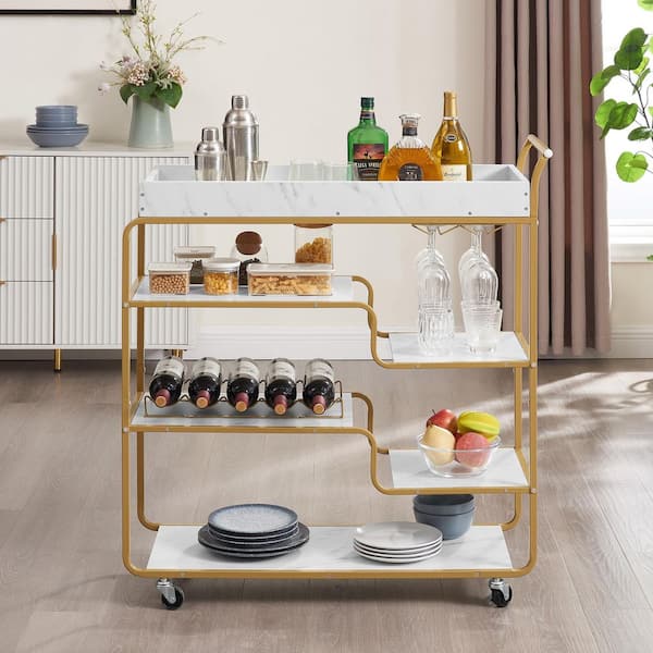 6-Tier Kitchen Cart with Wine Rack and Glass Holder, Rolling Drink Trolley in Gold