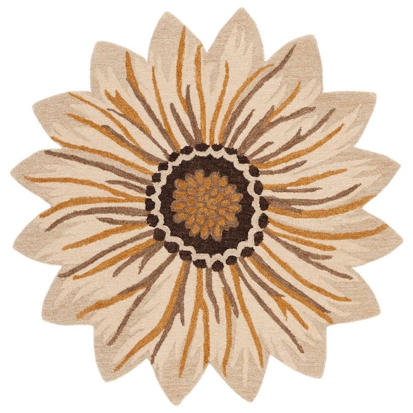 Novelty 3 ft. x 3 ft. Gold/Beige Floral Round Area Rug
