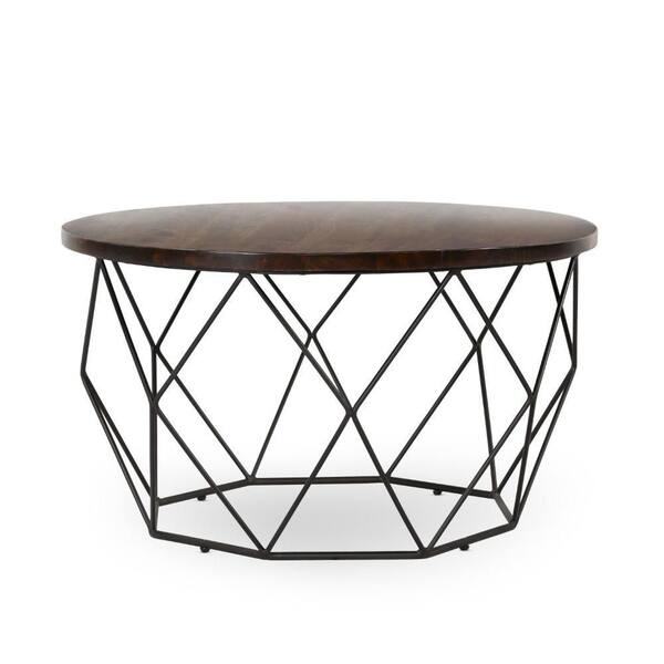 Benjara Rorie 32 in. Brown and Black Round Wood Coffee Table with Open Base