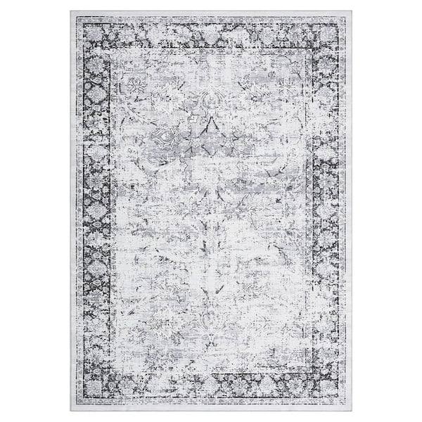 8 ft. x 10 ft. Gray Large Size Non-Slip Bohemian Style Washable Vintage Floral Carpet for Dining Room Bedroom Area Rug