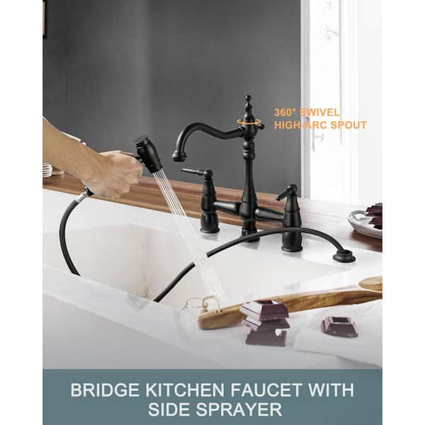 Quaint Double Handle Vintage Bridge Kitchen Faucet-Side Spray in Matte Black