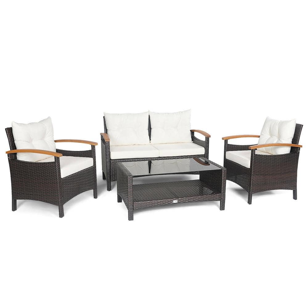 4-Piece All Weather PE Wicker Outdoor Patio Conversation Sofa Set with Off-White Cushions price history on PriceWatchPro