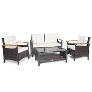 4-Piece All Weather PE Wicker Outdoor Patio Conversation Sofa Set with Off-White Cushions