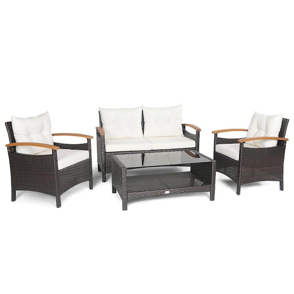 ANGELES HOME 4-Piece All Weather PE Wicker Outdoor Patio Conversation Sofa Set with Off-White Cushions