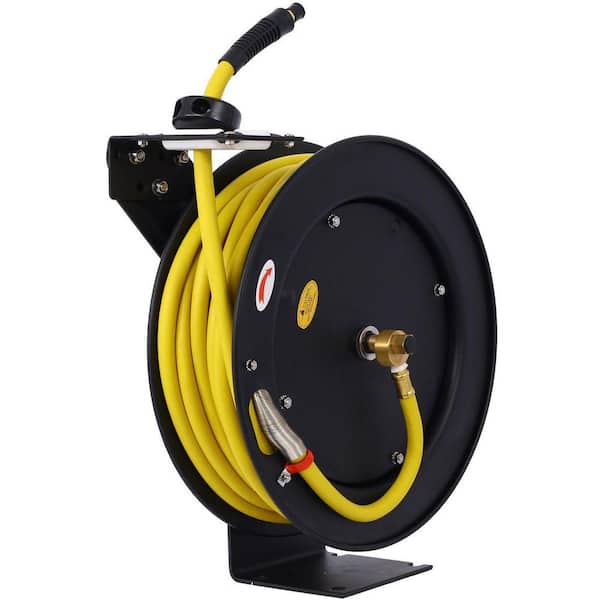 Air Hose Reel Retractable 3/8 in x 50 ft SBR Rubber Hose Max 300PSI Heavy Duty Industrial Steel Single Arm Construction