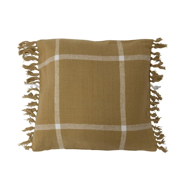 Storied Home Cotton Flannel Plaid Pillow with Fringe