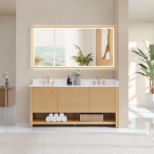 Cecil 72 in. Double Freestanding White Oak Bath Vanity with Grain White Engineered Stone Top Assembled