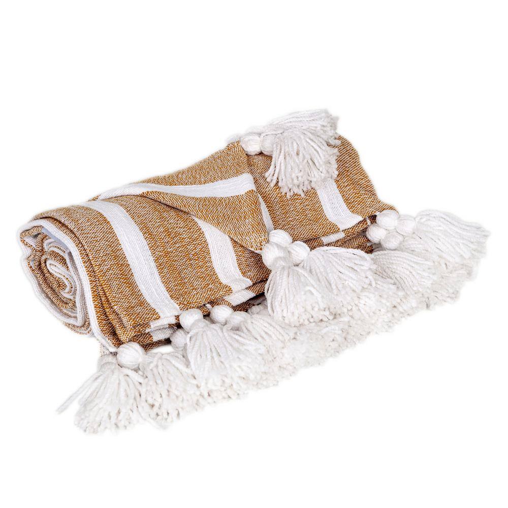 Mustard and White Cotton Slub Throw with Tassels, 50” x 60”