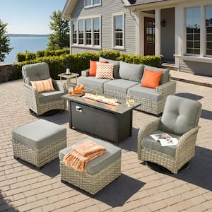 Kelleys 9-Piece Wicker Modern Outdoor Patio Fire Pit Conversation Sofa Set with Swivel Chairs and Dark Grey Cushions