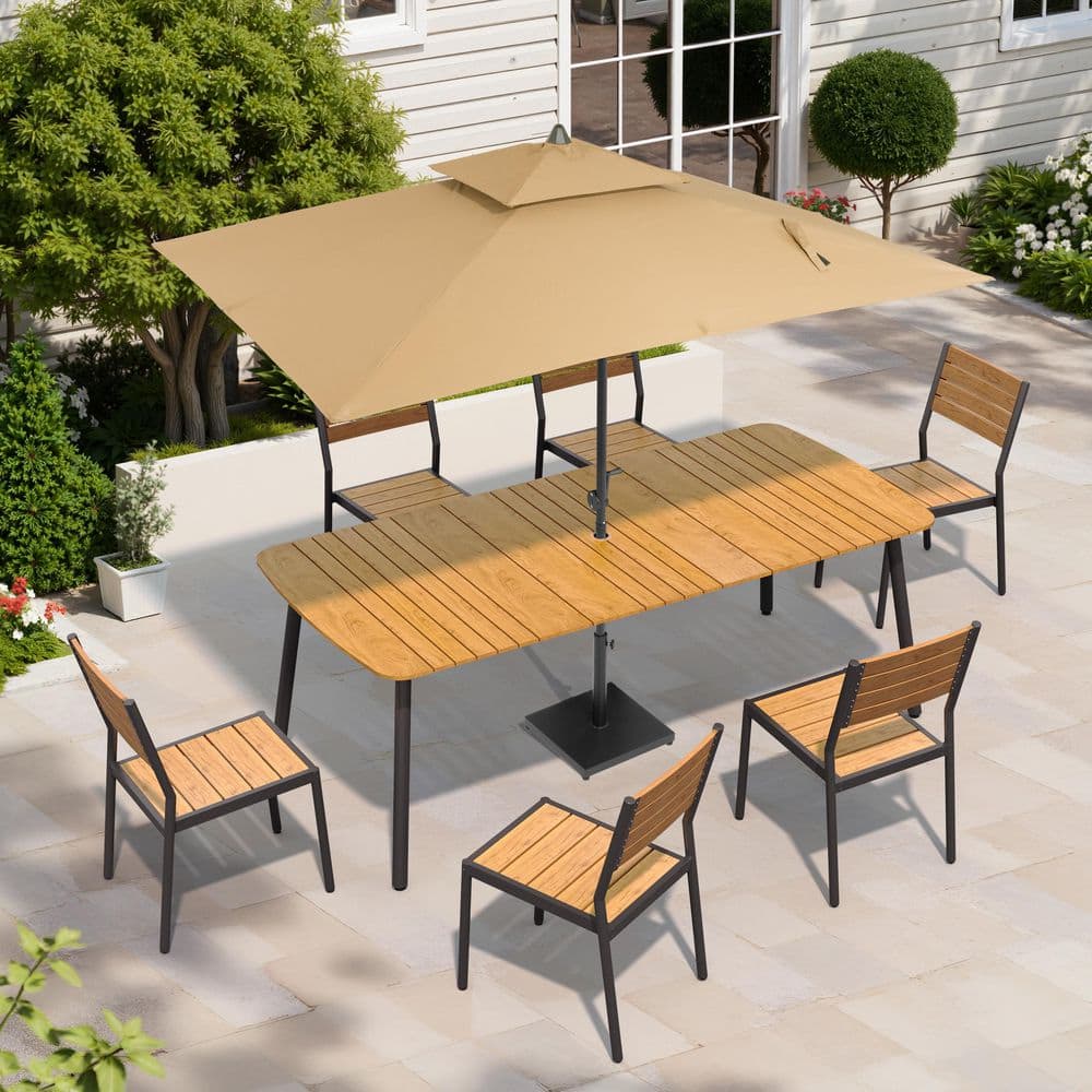 9-Piece 82 in. Brown Aluminum Wood-Like Outdoor Dining Set with Armless Chairs, Market Patio Double Top Umbrella & Base price history on PriceWatchPro