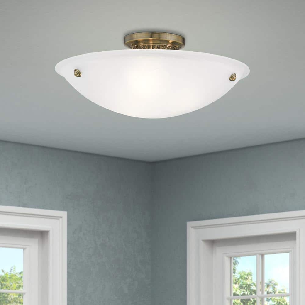Antique Brass Elegance 3-Light Flush Mount with White Alabaster Glass