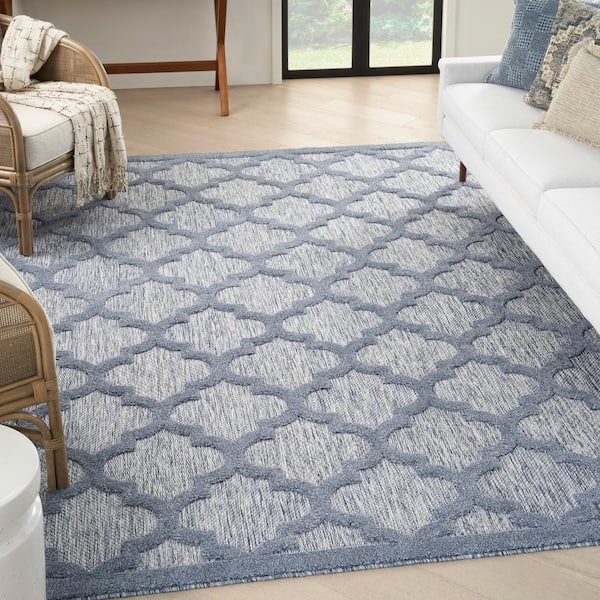 Easy Care Denim Blue 8 ft. x 10 ft. Geometric Contemporary Indoor Outdoor Area Rug