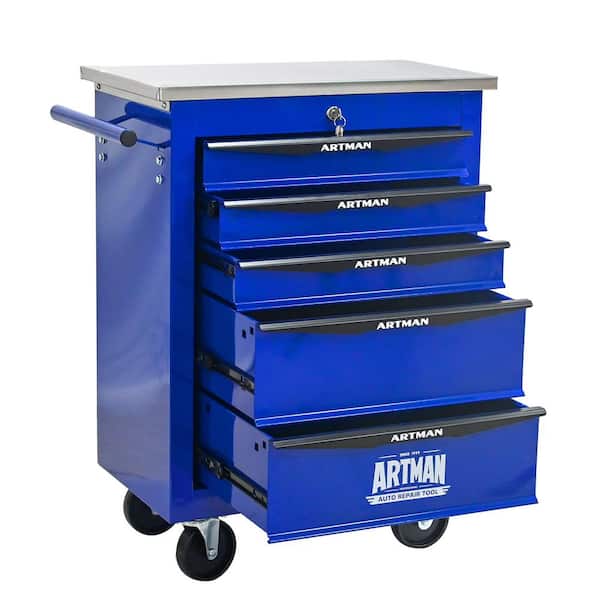 5-Drawer 13.58 in. W Multi-Purpose Black and Blue Tool Cart on Wheels with Stainless Steel Top for Garages and Workshops