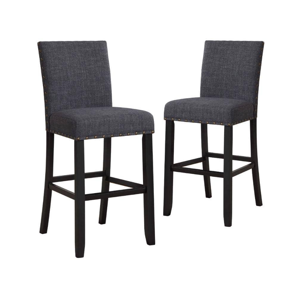 Benjara 44 in. Gray Bar Chair with Fabric Seat and Nailhead Trim (Set of 2) BM271457 The Home