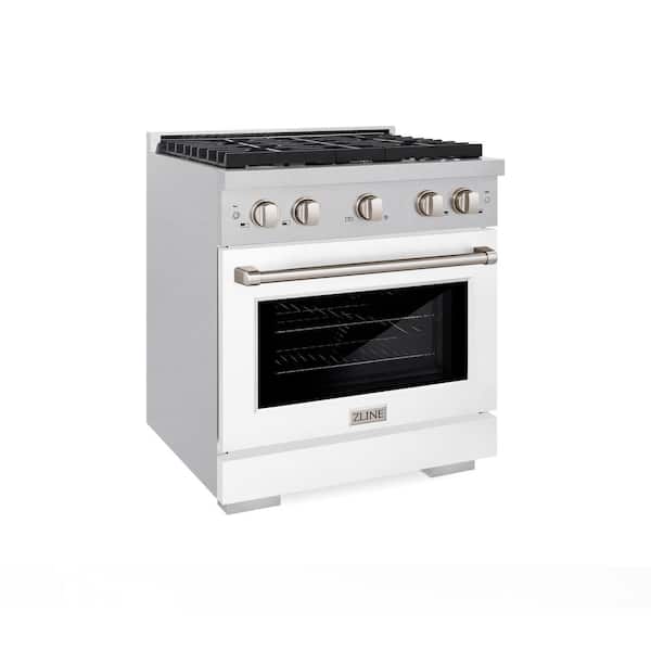 30 in. Paramount Dual Fuel Range with 4 Burners and Electric Convection Oven in Satin Steel with White Matte Door
