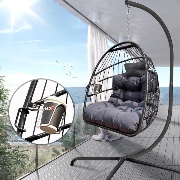 Unbranded Outdoor Wicker Egg Chair with C Type Bracket, with Grey Cushion and Pillow, Folding Hanging Chair and Cup Holder