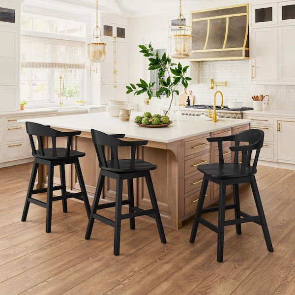 Wendell 37.4 in. Black Solid Wood Barstool Swivel Bar Stool Counter Height Chair with Thicked Spindle Back Set of 3